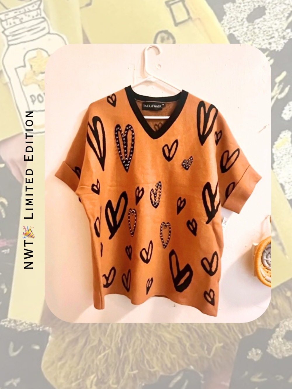 π π brown short sleeve knit sweater with black rhinestone abstract hearts